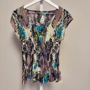 Abstract Print Pleated‎ Top Women's Cap Sleeve V Neck Whimsigoth Fairy